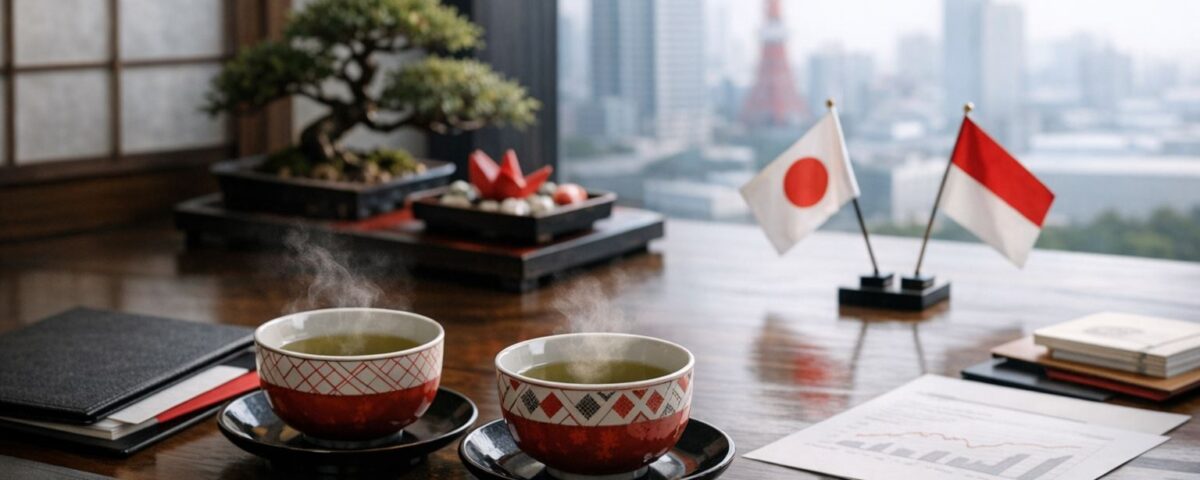 Cara menolak sopan Jepang dalam komunikasi bisnis yang direpresentasikan melalui suasana rapat profesional tanpa kehadiran manusia