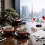 Cara menolak sopan Jepang dalam komunikasi bisnis yang direpresentasikan melalui suasana rapat profesional tanpa kehadiran manusia