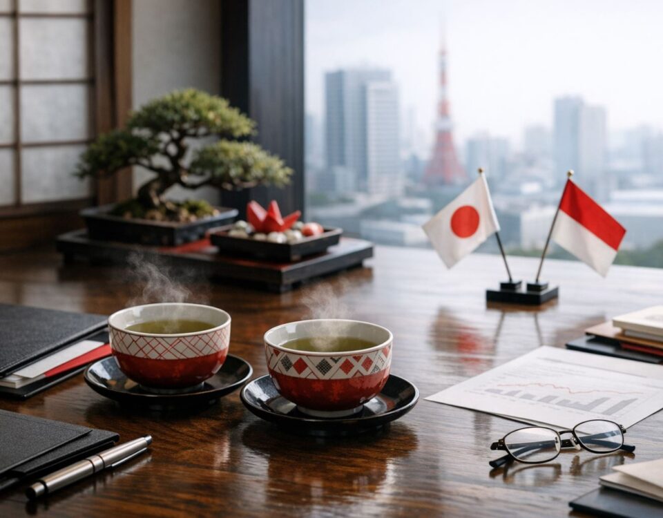 Cara menolak sopan Jepang dalam komunikasi bisnis yang direpresentasikan melalui suasana rapat profesional tanpa kehadiran manusia