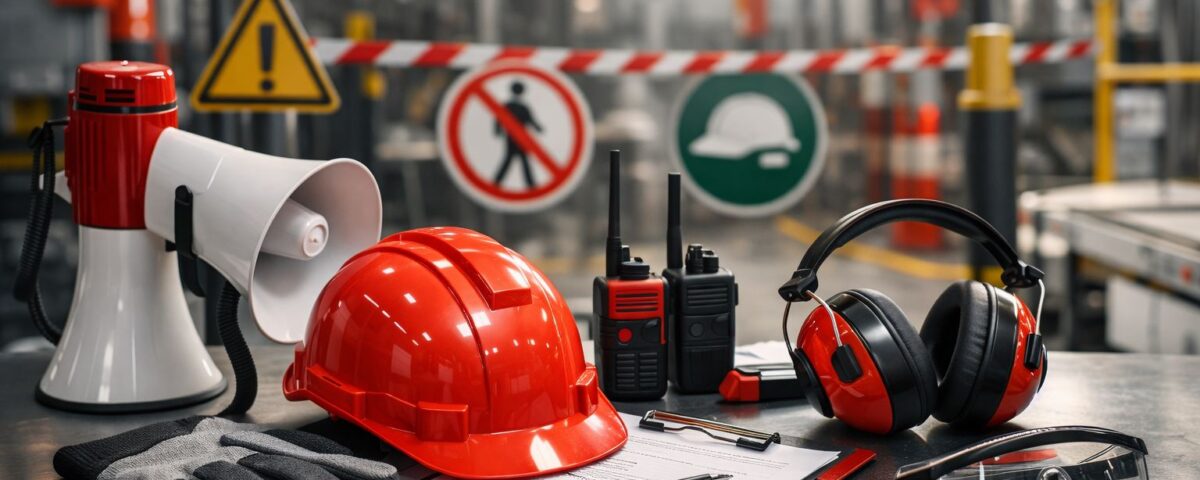 Safety briefing bilingual K3 di lingkungan manufaktur dengan perlengkapan keselamatan dan sistem komunikasi industri tanpa kehadiran pekerja