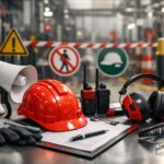 Safety briefing bilingual K3 di lingkungan manufaktur dengan perlengkapan keselamatan dan sistem komunikasi industri tanpa kehadiran pekerja