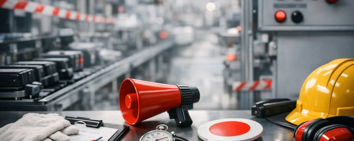 Shisa kanko point call pada lingkungan industri Jepang yang menampilkan alat QC dan keselamatan kerja sebagai simbol pencegahan human error