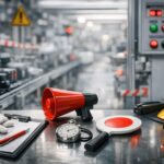 Shisa kanko point call pada lingkungan industri Jepang yang menampilkan alat QC dan keselamatan kerja sebagai simbol pencegahan human error
