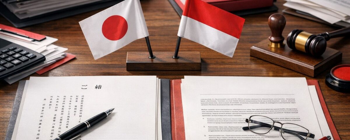 Terjemahan kontrak Jepang Indonesia dengan dokumen hukum dua bahasa, simbol kerja sama bisnis, dan fokus pada pembacaan fungsional klausul