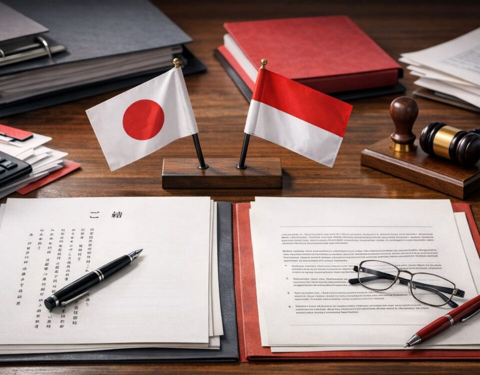 Terjemahan kontrak Jepang Indonesia dengan dokumen hukum dua bahasa, simbol kerja sama bisnis, dan fokus pada pembacaan fungsional klausul