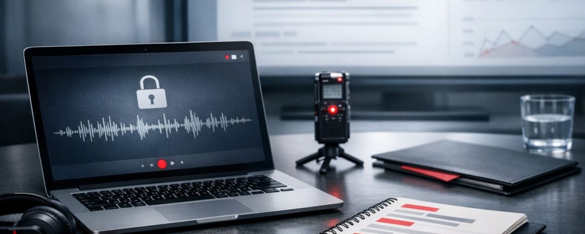 AI notulen rapat aman dengan sistem perekaman terenkripsi, perangkat digital, dan ringkasan rapat yang dapat diaudit