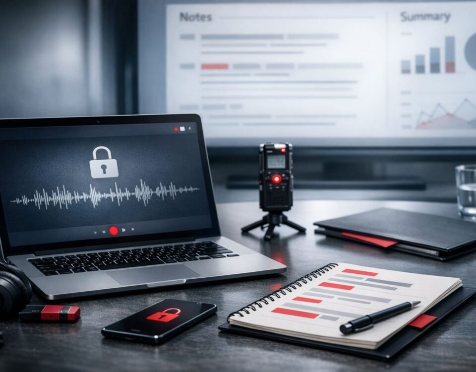 AI notulen rapat aman dengan sistem perekaman terenkripsi, perangkat digital, dan ringkasan rapat yang dapat diaudit