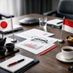 Etika rapat lintas budaya Jepang-Indonesia tergambar melalui tata ruang meja rapat, simbol kerja sama, dan keseimbangan komunikasi profesional