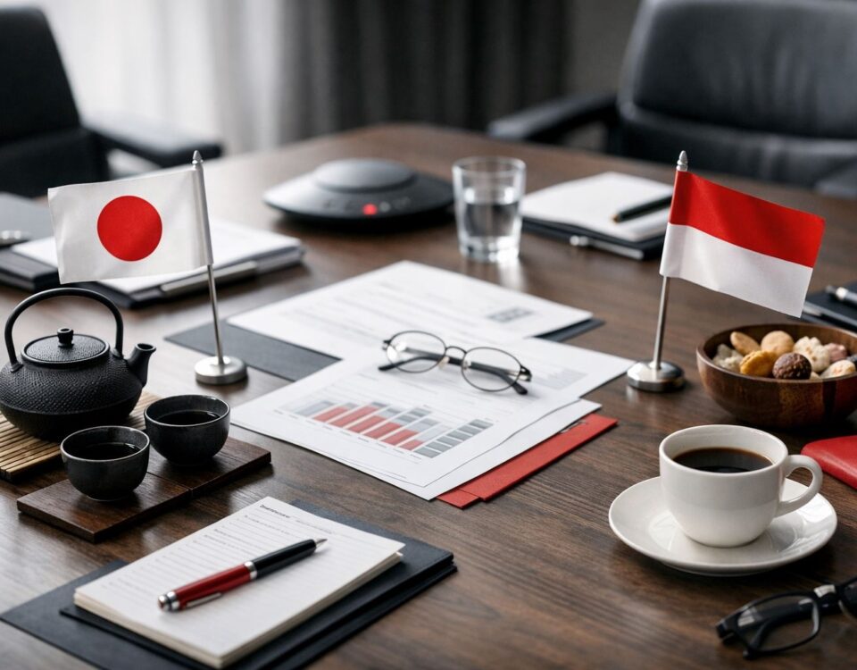 Etika rapat lintas budaya Jepang-Indonesia tergambar melalui tata ruang meja rapat, simbol kerja sama, dan keseimbangan komunikasi profesional