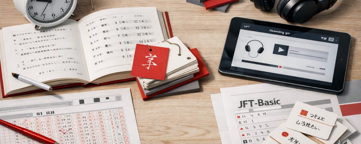Ilustrasi persiapan JLPT dan JFT-Basic untuk SSW 2026 dengan materi belajar bahasa Jepang, lembar ujian, dan perangkat audio