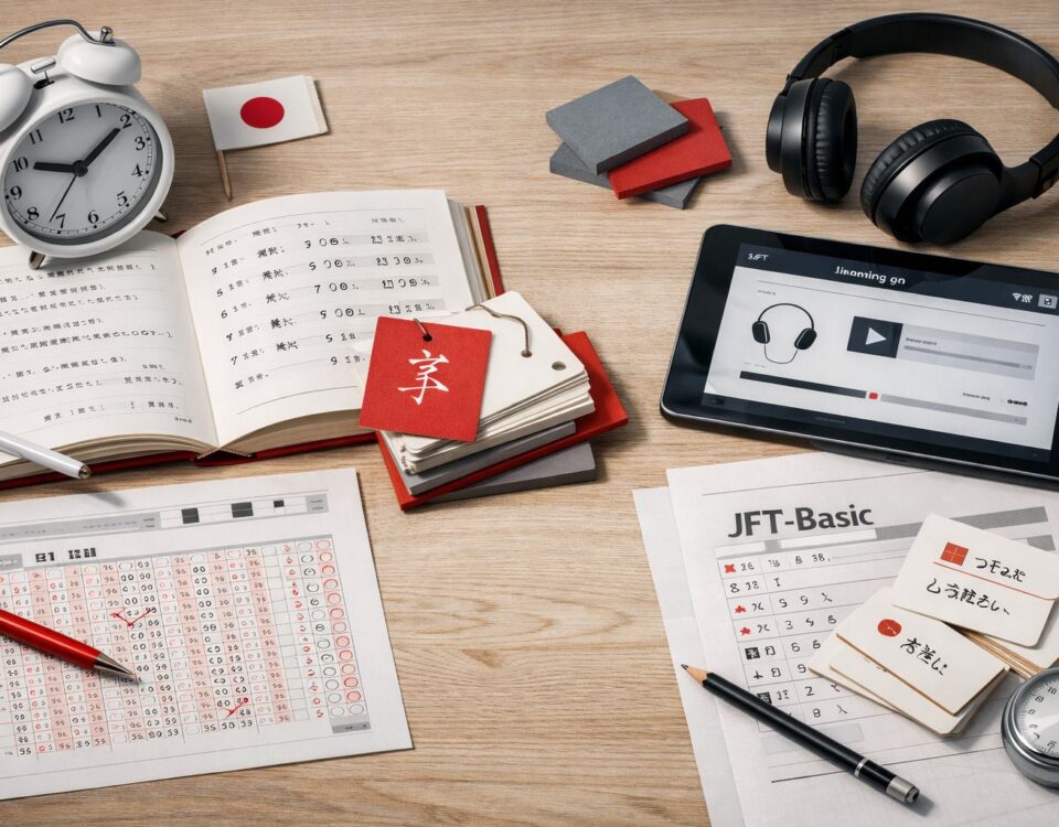 Ilustrasi persiapan JLPT dan JFT-Basic untuk SSW 2026 dengan materi belajar bahasa Jepang, lembar ujian, dan perangkat audio