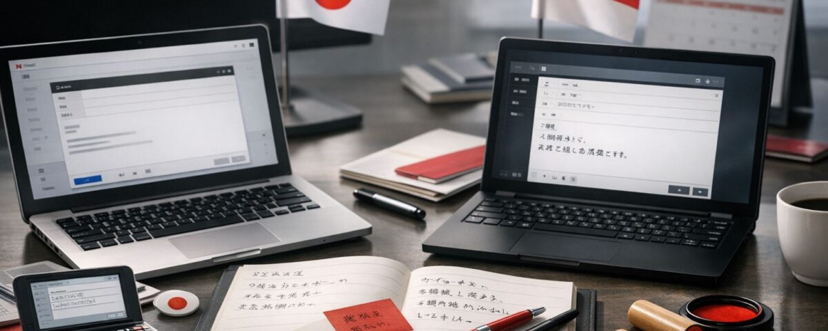 Email kerja bilingual Jepang–Indonesia dalam konteks profesional yang menyoroti struktur, etika, dan perbedaan budaya komunikasi bisnis
