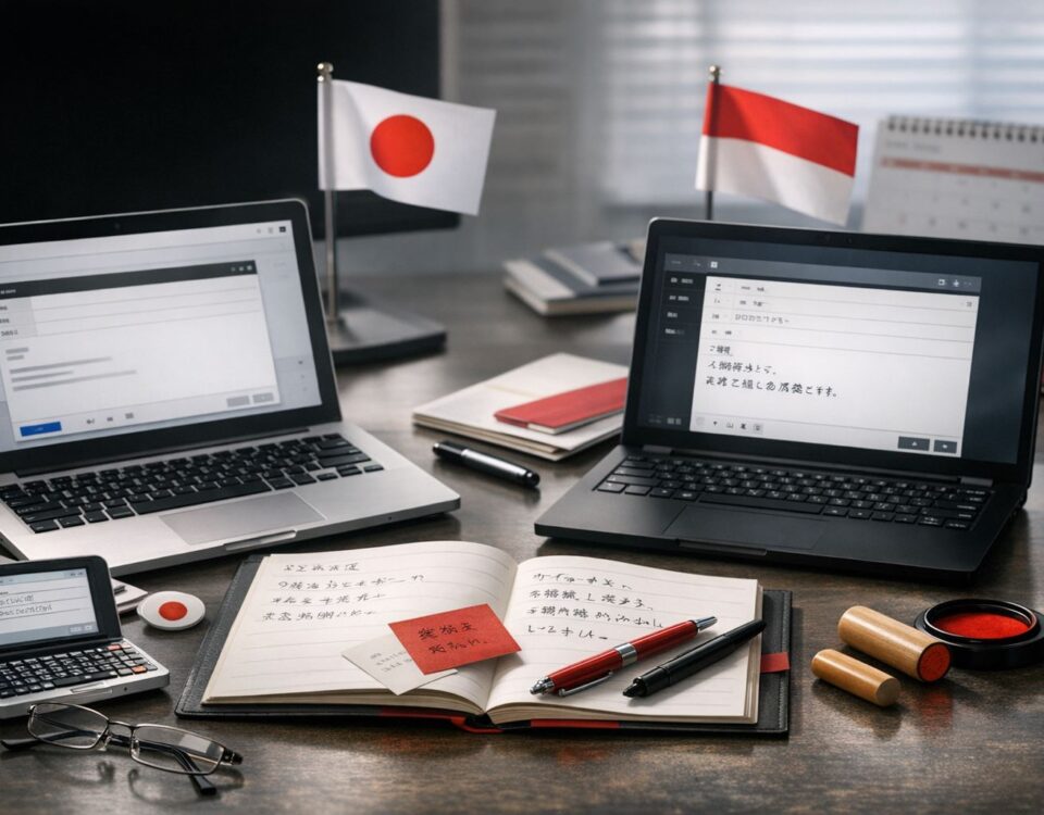 Email kerja bilingual Jepang–Indonesia dalam konteks profesional yang menyoroti struktur, etika, dan perbedaan budaya komunikasi bisnis