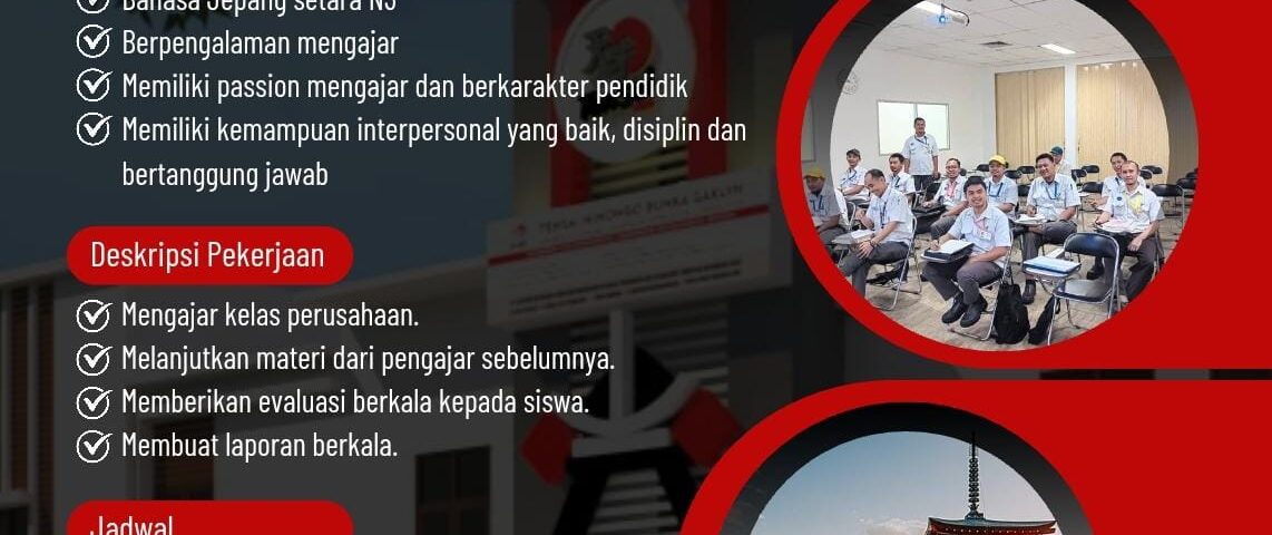 Poster lowongan kerja Tensai Indonesia untuk Pengajar Freelance Bahasa Jepang Level N5 kelas perusahaan dengan penempatan di Balaraja, Tangerang.