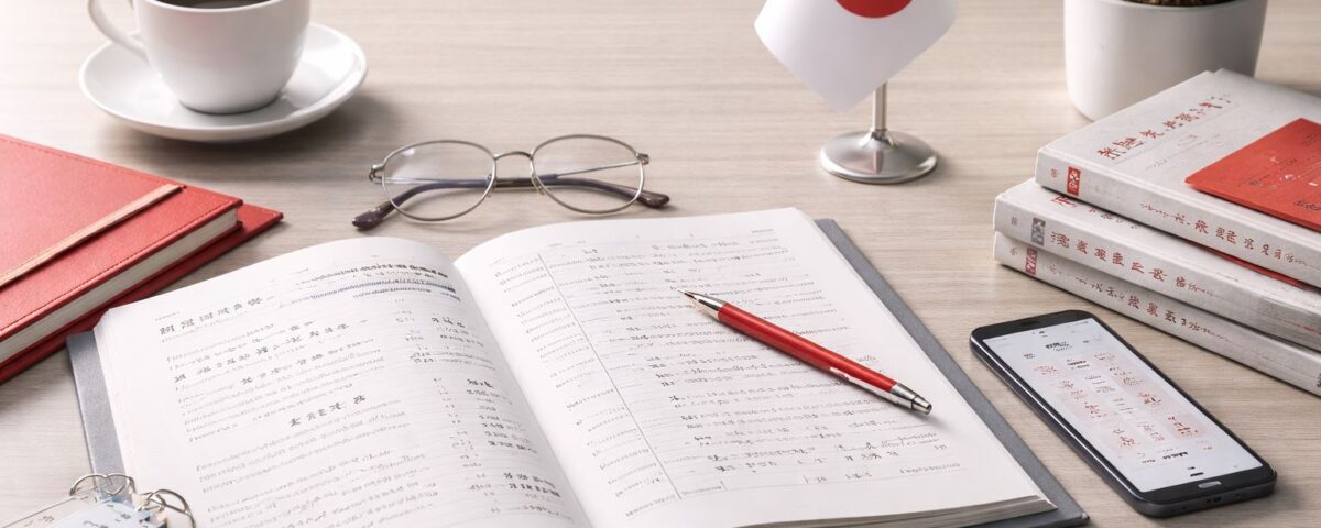 Pelajar bahasa Jepang Indonesia belajar mandiri dengan buku latihan, kartu kosakata, dan aksen merah minimalis di meja studi
