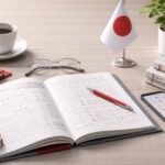 Pelajar bahasa Jepang Indonesia belajar mandiri dengan buku latihan, kartu kosakata, dan aksen merah minimalis di meja studi