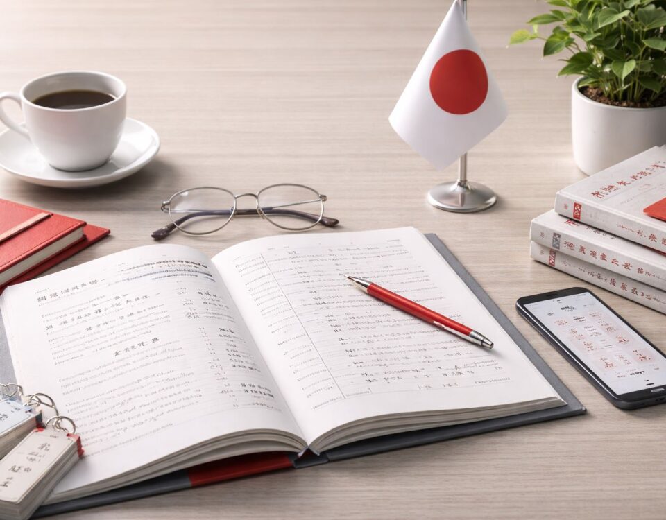 Pelajar bahasa Jepang Indonesia belajar mandiri dengan buku latihan, kartu kosakata, dan aksen merah minimalis di meja studi