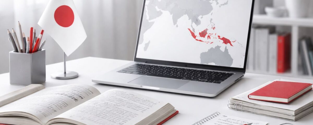 Pelajar Jepang Asia Tenggara belajar lewat materi bahasa Jepang dan perangkat kerja modern di ruang kelas minimalis—gambaran tren kompetensi Jepang untuk dunia kerja.