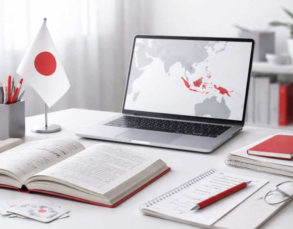 Pelajar Jepang Asia Tenggara belajar lewat materi bahasa Jepang dan perangkat kerja modern di ruang kelas minimalis—gambaran tren kompetensi Jepang untuk dunia kerja.