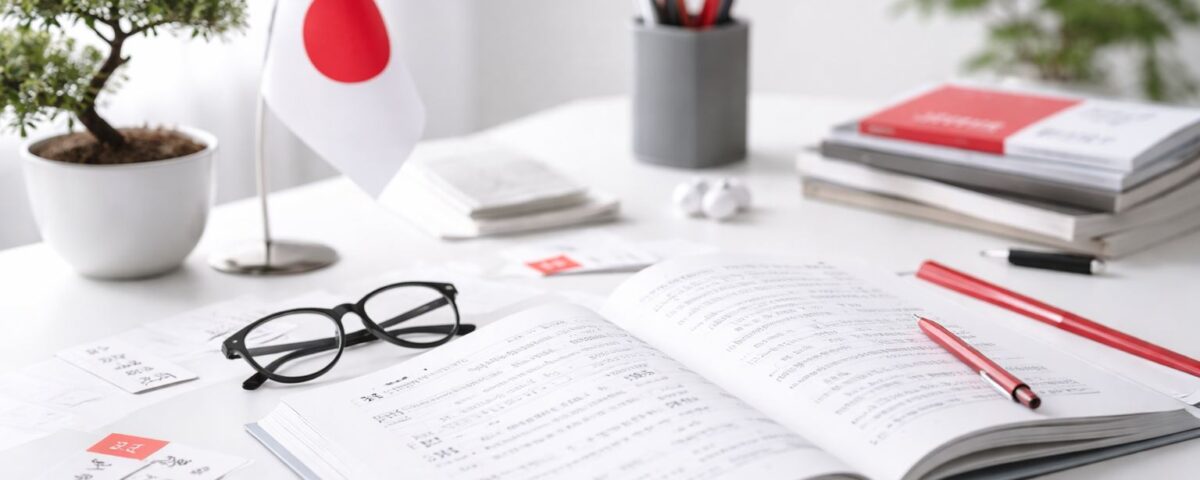 Peringkat pelajar bahasa Jepang Indonesia nomor 2 dunia—ilustrasi meja belajar minimalis dengan buku Jepang, kartu kosakata, dan aksen merah-abu.
