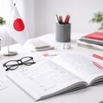 Peringkat pelajar bahasa Jepang Indonesia nomor 2 dunia—ilustrasi meja belajar minimalis dengan buku Jepang, kartu kosakata, dan aksen merah-abu.