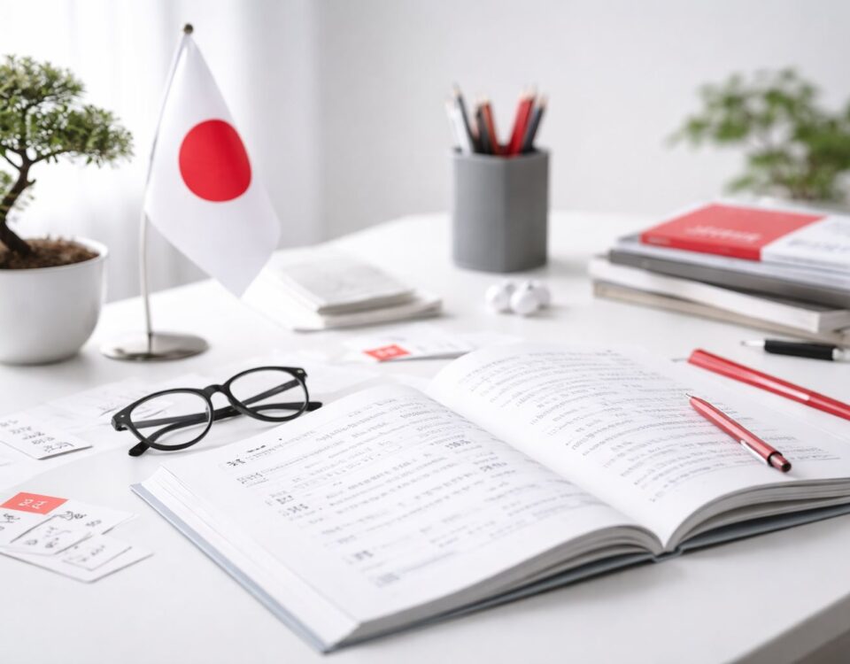 Peringkat pelajar bahasa Jepang Indonesia nomor 2 dunia—ilustrasi meja belajar minimalis dengan buku Jepang, kartu kosakata, dan aksen merah-abu.