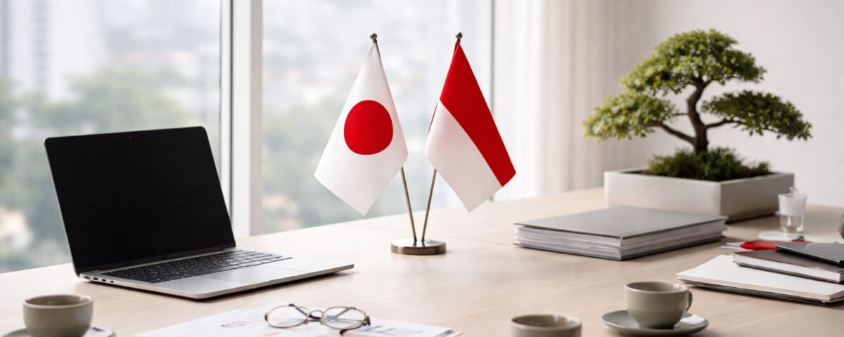 Ruang meeting kantor minimalis dengan laptop, dokumen kerja, dan bendera Jepang–Indonesia, menggambarkan kolaborasi tenaga kerja Jepang Indonesia dalam komunikasi bisnis harian.