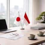 Ruang meeting kantor minimalis dengan laptop, dokumen kerja, dan bendera Jepang–Indonesia, menggambarkan kolaborasi tenaga kerja Jepang Indonesia dalam komunikasi bisnis harian.