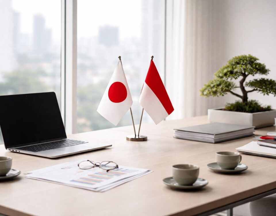 Ruang meeting kantor minimalis dengan laptop, dokumen kerja, dan bendera Jepang–Indonesia, menggambarkan kolaborasi tenaga kerja Jepang Indonesia dalam komunikasi bisnis harian.