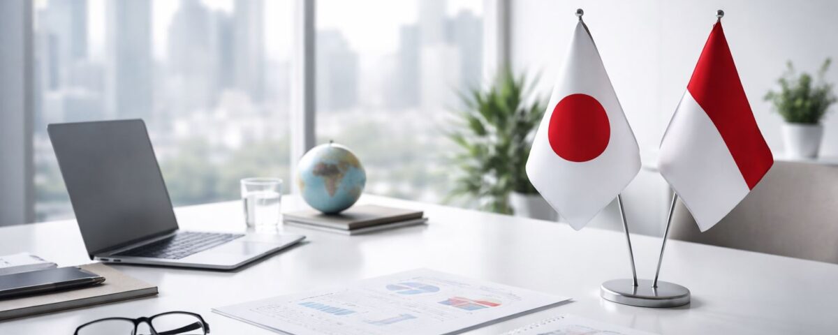 Ilustrasi kantor minimalis bertema perusahaan Jepang ekspansi Indonesia: meja meeting modern dengan bendera Jepang–Indonesia, laptop, laporan bisnis, dan aksen merah-abu tanpa kehadiran manusia.