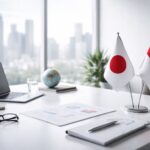 Ilustrasi kantor minimalis bertema perusahaan Jepang ekspansi Indonesia: meja meeting modern dengan bendera Jepang–Indonesia, laptop, laporan bisnis, dan aksen merah-abu tanpa kehadiran manusia.