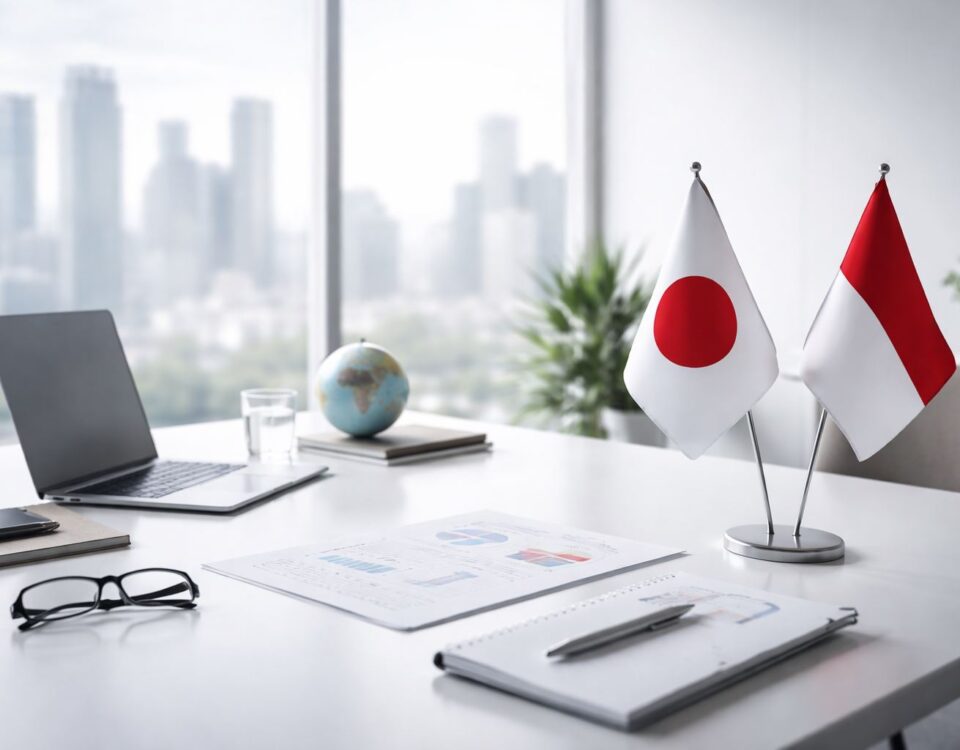 Ilustrasi kantor minimalis bertema perusahaan Jepang ekspansi Indonesia: meja meeting modern dengan bendera Jepang–Indonesia, laptop, laporan bisnis, dan aksen merah-abu tanpa kehadiran manusia.