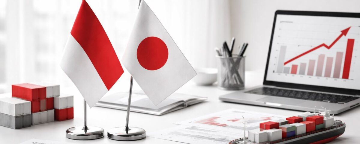 Ilustrasi minimalis perdagangan Indonesia Jepang tumbuh: bendera RI–Jepang, kontainer ekspor-impor, laptop grafik naik, kapal kargo, nuansa merah-abu soft lighting.