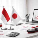 Ilustrasi minimalis perdagangan Indonesia Jepang tumbuh: bendera RI–Jepang, kontainer ekspor-impor, laptop grafik naik, kapal kargo, nuansa merah-abu soft lighting.