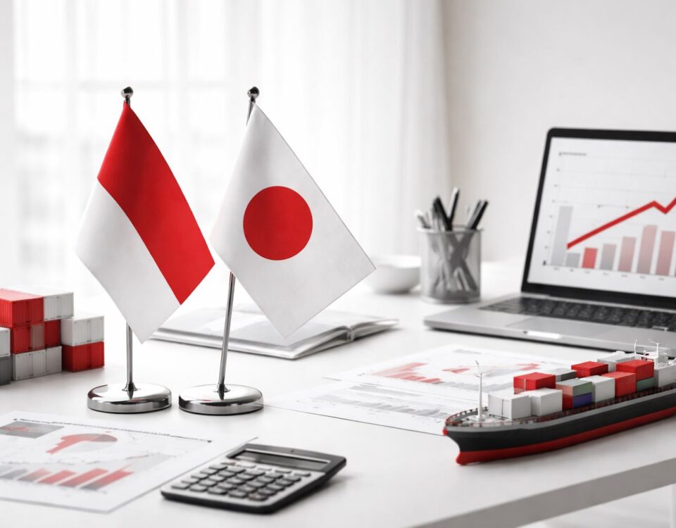 Ilustrasi minimalis perdagangan Indonesia Jepang tumbuh: bendera RI–Jepang, kontainer ekspor-impor, laptop grafik naik, kapal kargo, nuansa merah-abu soft lighting.