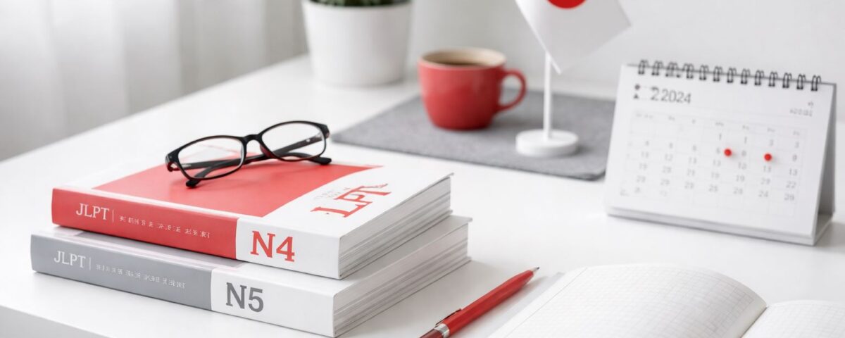 Setup belajar JLPT minimalis untuk pemula—pendaftar JLPT global 2024 tembus 1,72 juta, fokus target level realistis N5–N4 di meja putih dengan aksen merah dan abu-abu.
