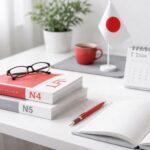 Setup belajar JLPT minimalis untuk pemula—pendaftar JLPT global 2024 tembus 1,72 juta, fokus target level realistis N5–N4 di meja putih dengan aksen merah dan abu-abu.