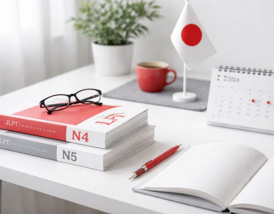 Setup belajar JLPT minimalis untuk pemula—pendaftar JLPT global 2024 tembus 1,72 juta, fokus target level realistis N5–N4 di meja putih dengan aksen merah dan abu-abu.