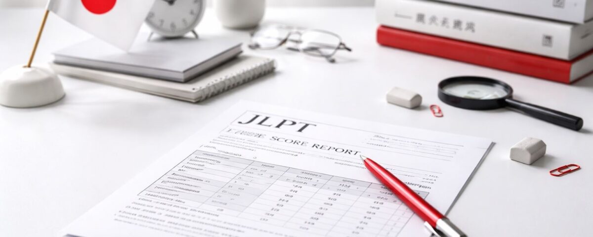 Hasil JLPT Januari 2026: lembar skor ujian dan perlengkapan belajar minimalis bernuansa merah-abu, ilustrasi strategi membaca skor dan naik level.