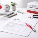 Hasil JLPT Januari 2026: lembar skor ujian dan perlengkapan belajar minimalis bernuansa merah-abu, ilustrasi strategi membaca skor dan naik level.
