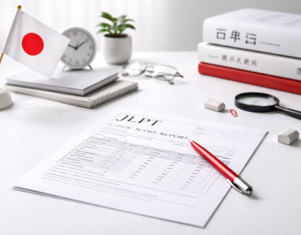 Hasil JLPT Januari 2026: lembar skor ujian dan perlengkapan belajar minimalis bernuansa merah-abu, ilustrasi strategi membaca skor dan naik level.
