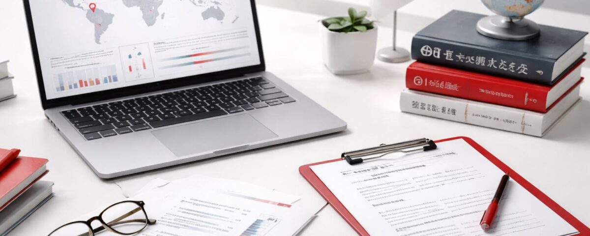 Meja kerja minimalis ultra-realistic bertema pasar translation services 2026: laptop analitik global, dokumen terjemahan, kamus Jepang, aksen merah-abu, tanpa manusia.