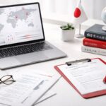 Meja kerja minimalis ultra-realistic bertema pasar translation services 2026: laptop analitik global, dokumen terjemahan, kamus Jepang, aksen merah-abu, tanpa manusia.