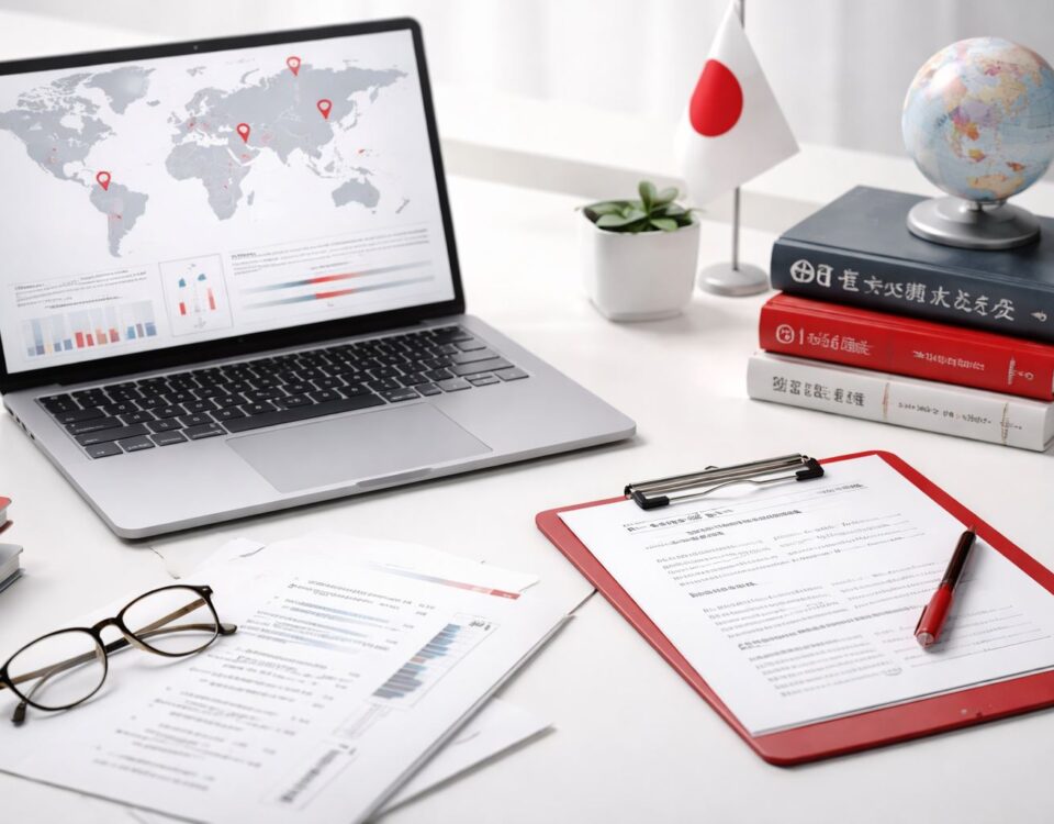 Meja kerja minimalis ultra-realistic bertema pasar translation services 2026: laptop analitik global, dokumen terjemahan, kamus Jepang, aksen merah-abu, tanpa manusia.
