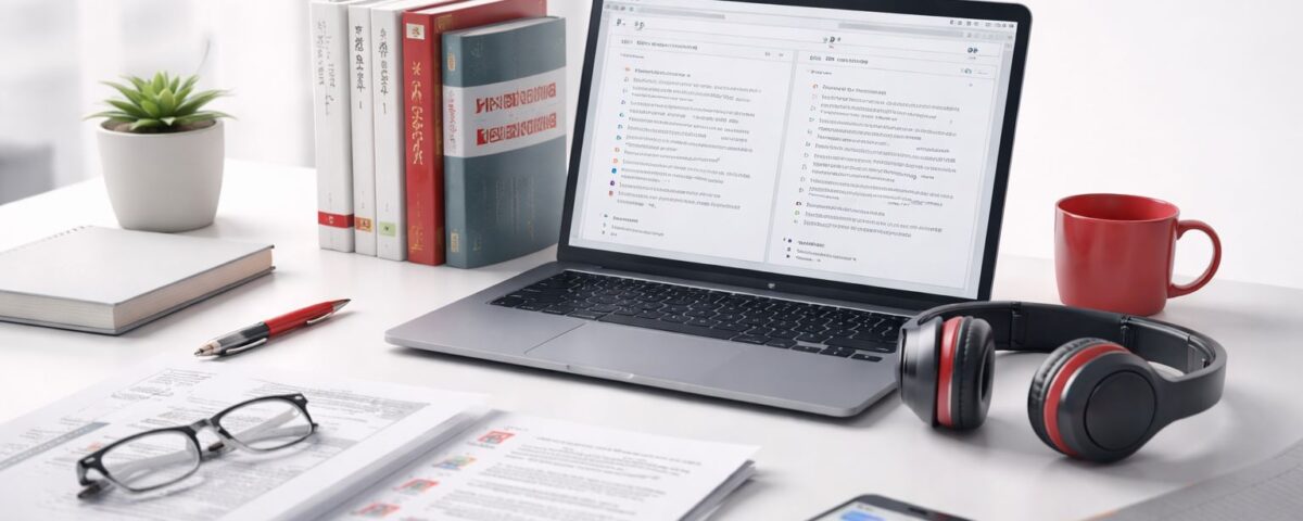 Workspace minimalis layanan penerjemahan—laptop, dokumen, dan headset dengan aksen merah-abu—merepresentasikan tren industri terjemahan global yang mendorong cara belajar bahasa lebih modern.