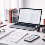 Workspace minimalis layanan penerjemahan—laptop, dokumen, dan headset dengan aksen merah-abu—merepresentasikan tren industri terjemahan global yang mendorong cara belajar bahasa lebih modern.