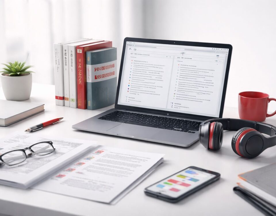 Workspace minimalis layanan penerjemahan—laptop, dokumen, dan headset dengan aksen merah-abu—merepresentasikan tren industri terjemahan global yang mendorong cara belajar bahasa lebih modern.
