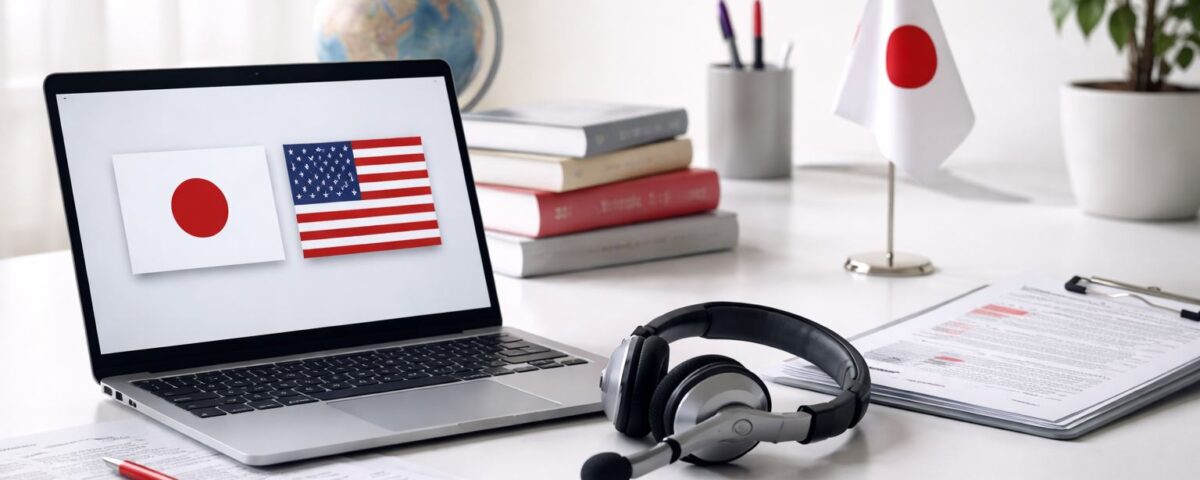 Pasar interpreting 2024 2029: meja kerja interpreter–translator minimalis dengan headset, laptop, kamus bilingual, dan aksen merah-abu untuk menggambarkan pertumbuhan layanan bahasa Jepang–Indonesia.