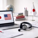 Pasar interpreting 2024 2029: meja kerja interpreter–translator minimalis dengan headset, laptop, kamus bilingual, dan aksen merah-abu untuk menggambarkan pertumbuhan layanan bahasa Jepang–Indonesia.
