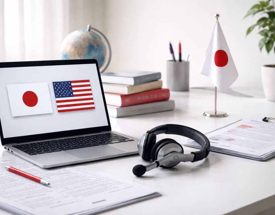 Pasar interpreting 2024 2029: meja kerja interpreter–translator minimalis dengan headset, laptop, kamus bilingual, dan aksen merah-abu untuk menggambarkan pertumbuhan layanan bahasa Jepang–Indonesia.